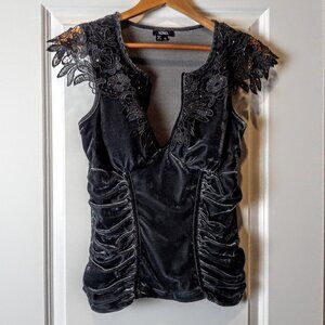 XOXO Grey Velvet Lace Embellished Ruched Side Top